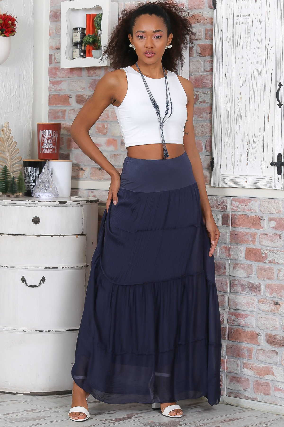 navy flowy skirt