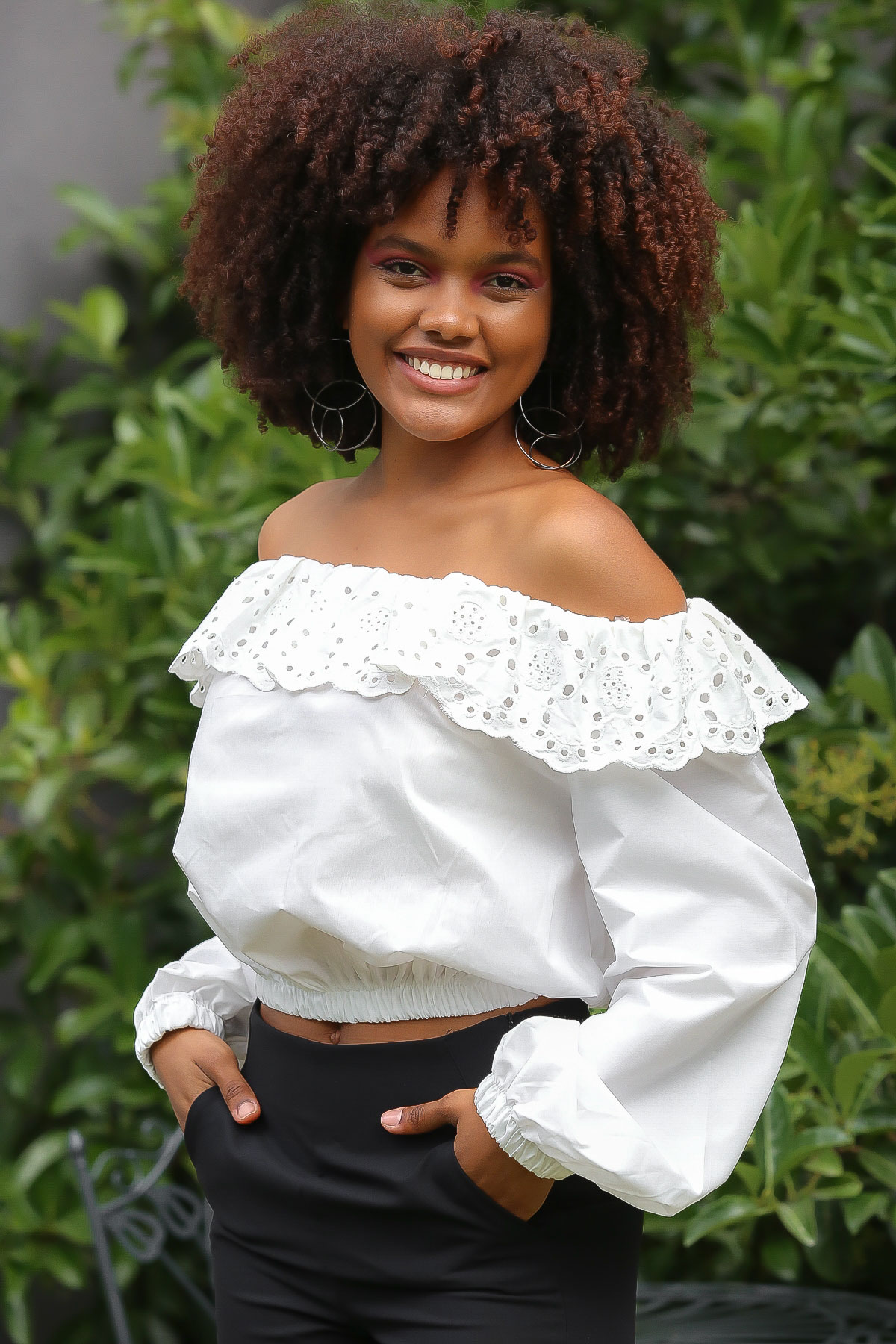 Off-Shoulder, Balloon Sleeve, Broderie Detailed Frill Detailed Cotton Woven  Fabric Cropped Shirt - White Size S